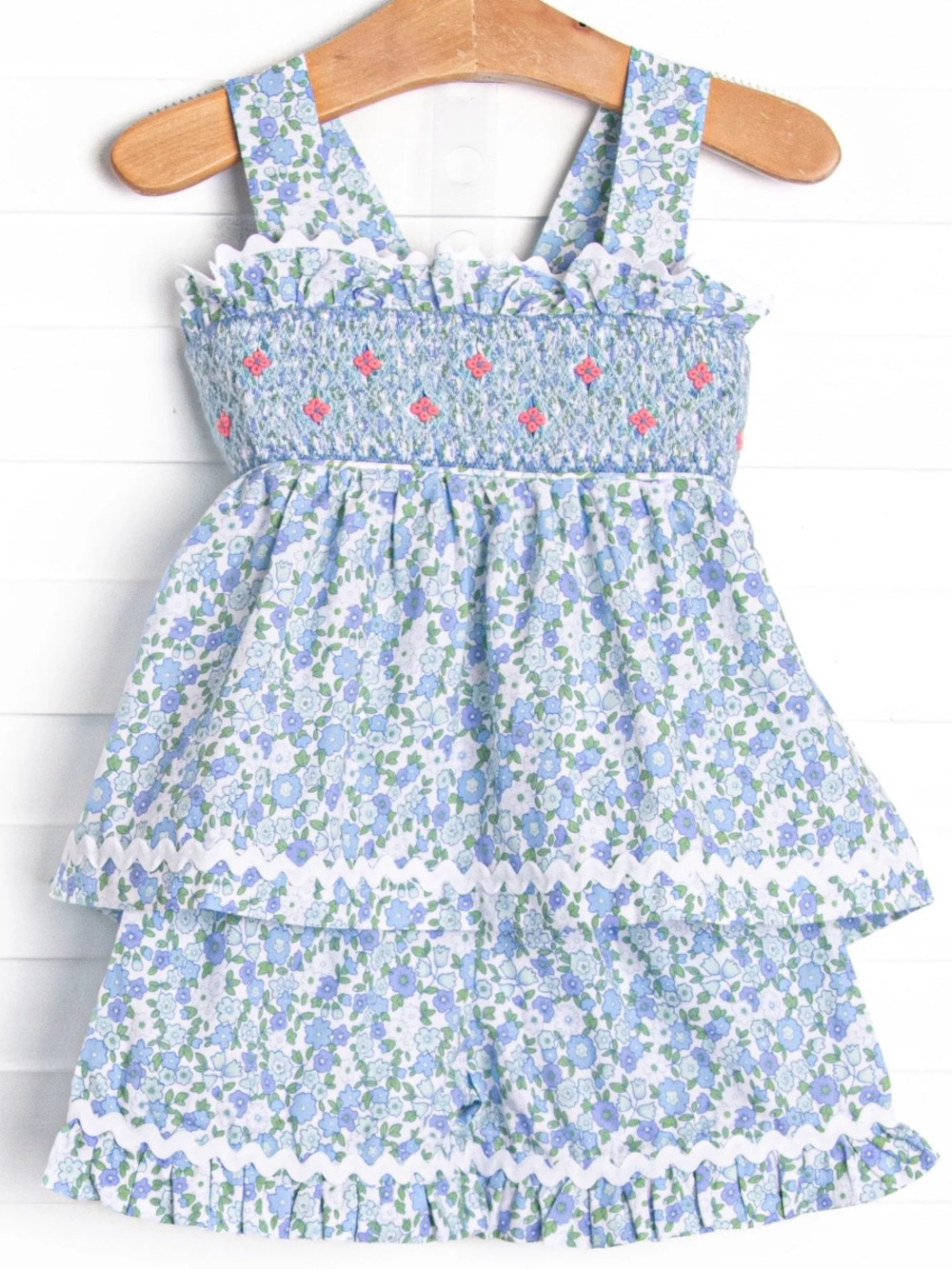 Smocked Floral Ruffle Tank Romper - Blue & Green Daisy Print